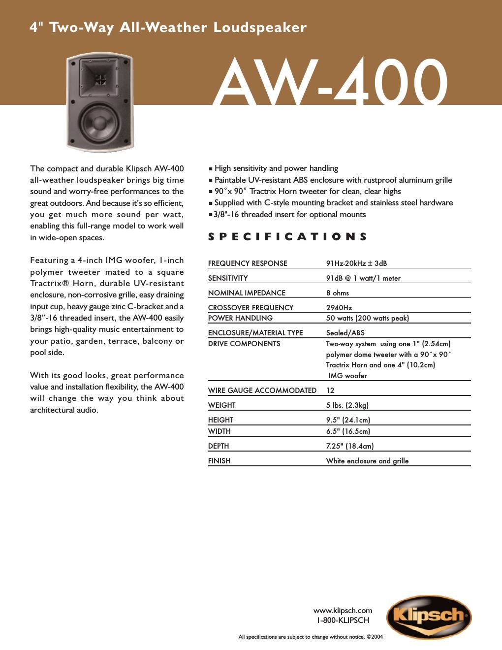 klipsch aw 400 brochure