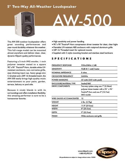 klipsch aw 500 brochure