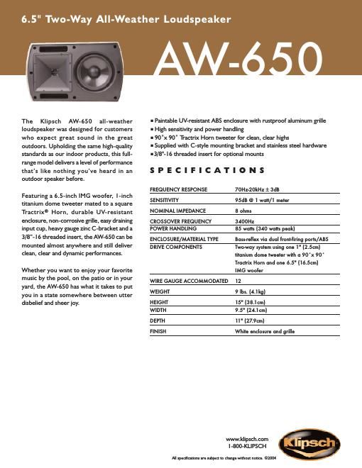 klipsch aw 650 brochure