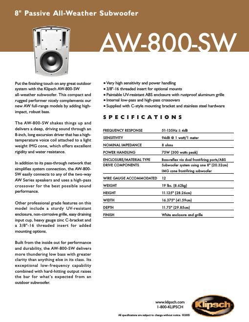 klipsch aw 800 sw brochure