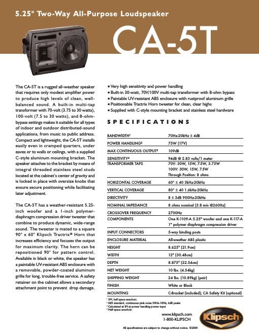 klipsch ca 5 t brochure