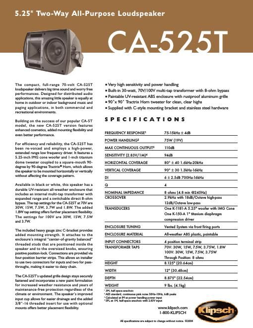 klipsch ca 525 t brochure