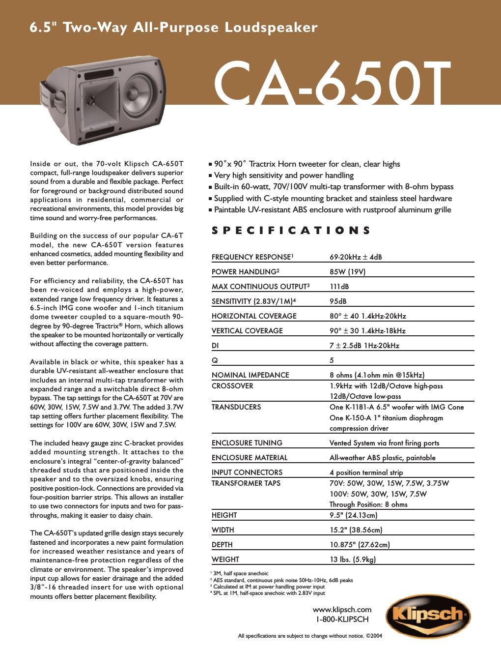 klipsch ca 650 t brochure