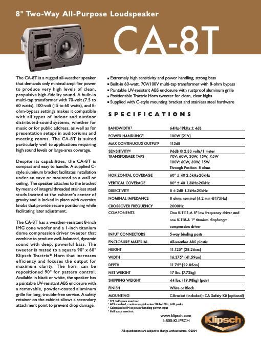 klipsch ca 8 t brochure