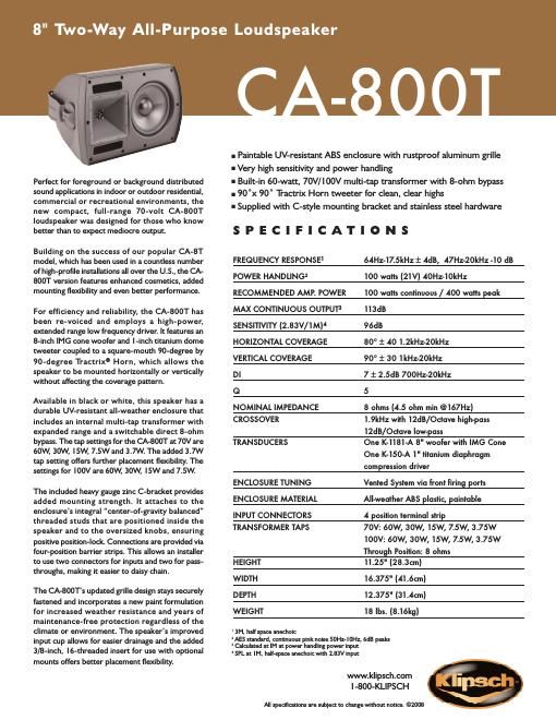 klipsch ca 800 t brochure