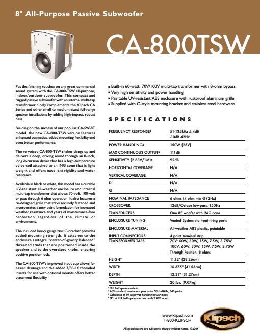 klipsch ca 800 tsw brochure