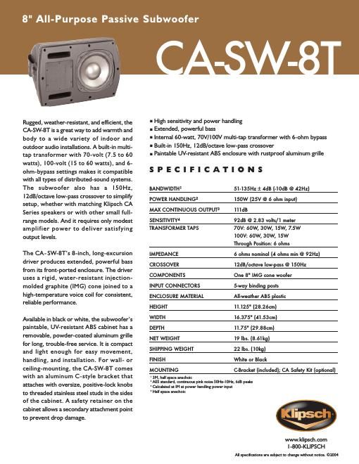 klipsch casw 8 t brochure