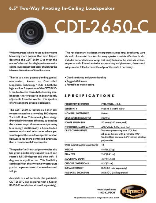 klipsch cdt 2650 c brochure