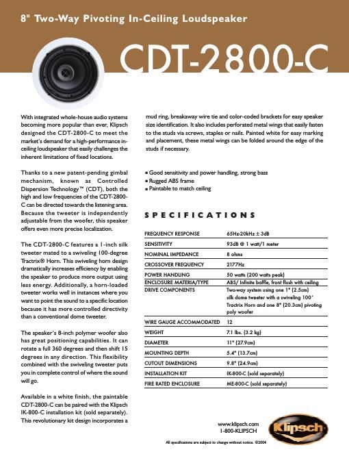 klipsch cdt 2800 c brochure