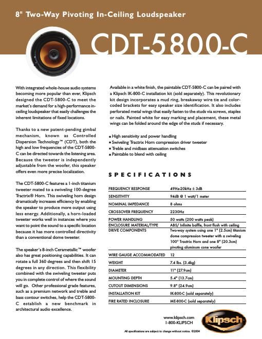 klipsch cdt 5800 c brochure