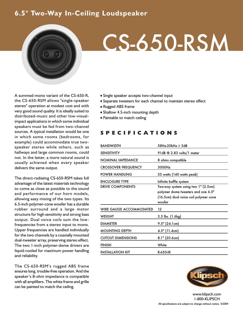 klipsch cs 650 rsm brochure