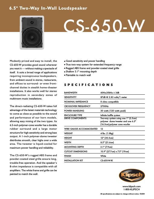 klipsch cs 650 w brochure