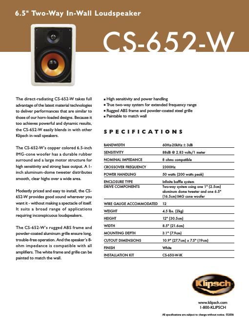 klipsch cs 652 w brochure