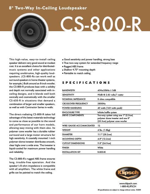 klipsch cs 800 r brochure