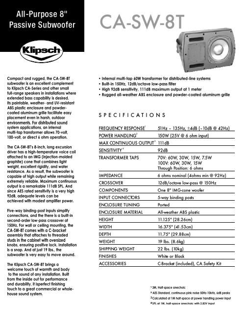 klipsch cssw 8 t 2 brochure