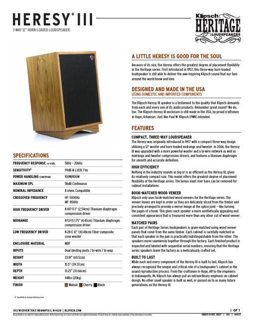 Klipsch Heresy III Brochure