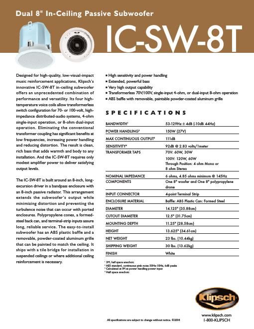 klipsch icsw 8 t brochure