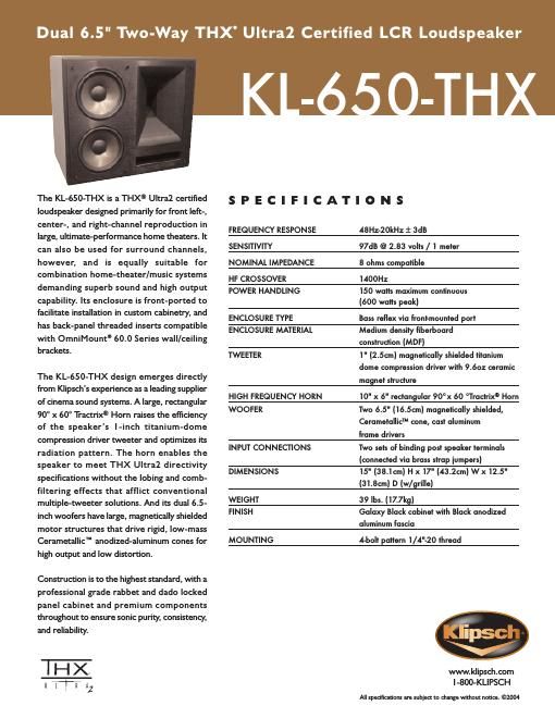 klipsch kl 650 thx brochure