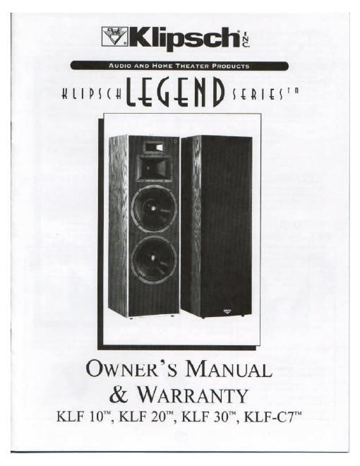 Klipsch KLF 10 Owners Manual