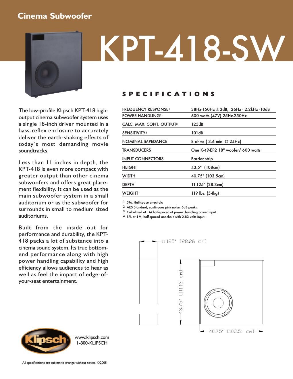 klipsch kpt 418 sw brochure