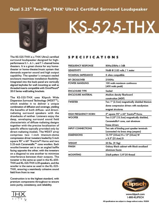 klipsch ks 525 thx brochure