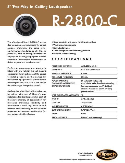 klipsch r 2800 c brochure