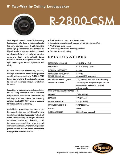 klipsch r 2800 csm brochure