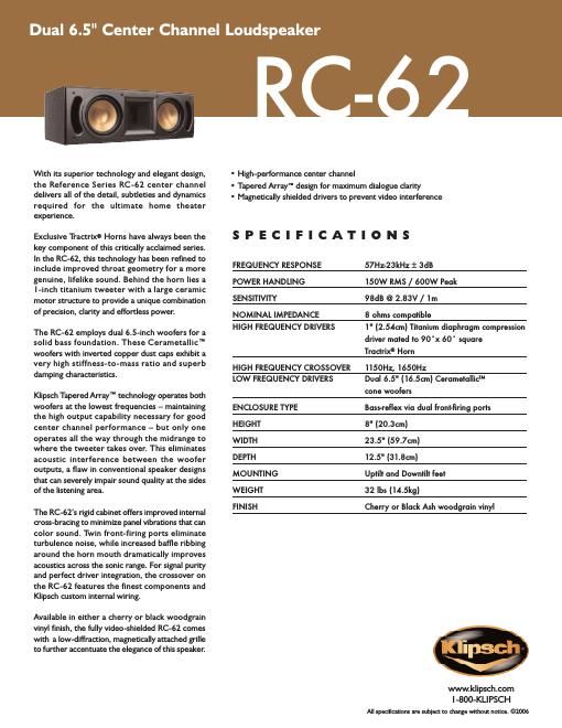 klipsch rc 62 brochure