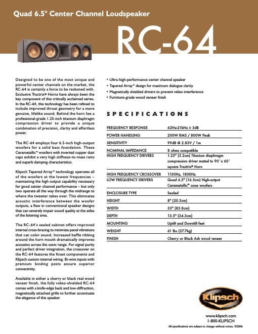 klipsch rc 64 brochure