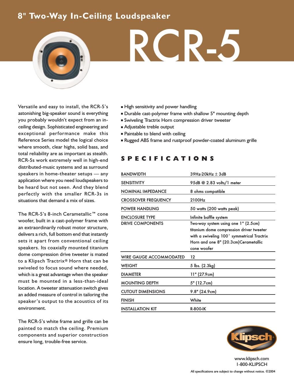 klipsch rcr 5 brochure