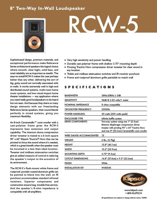 klipsch rcw 5 brochure