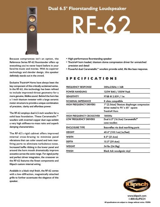 klipsch rf 62 brochure