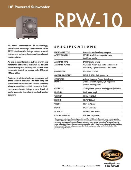 klipsch rpw 10 brochure