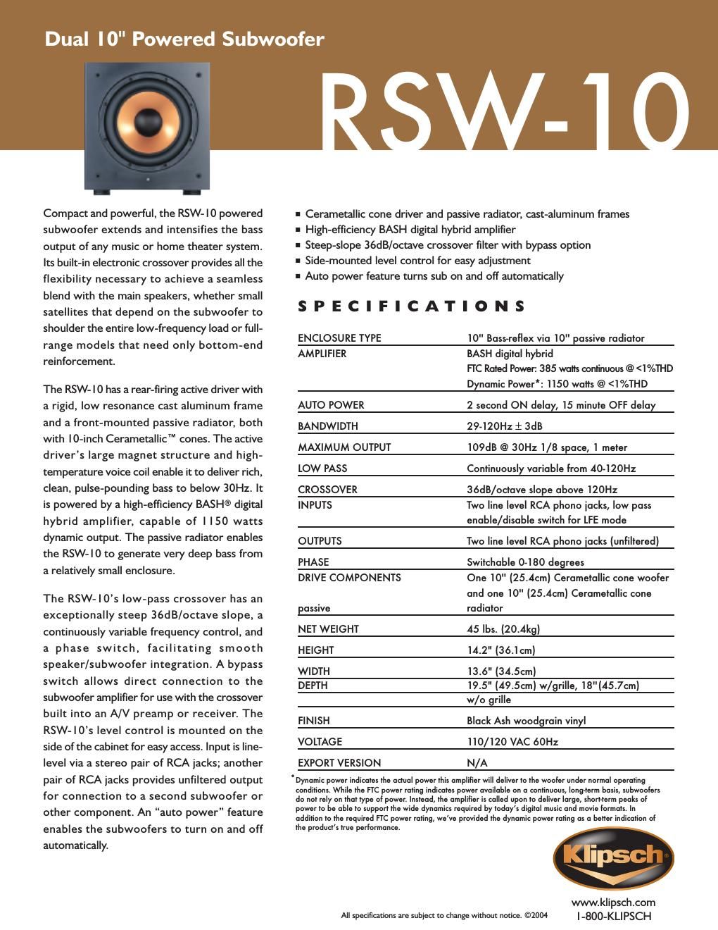 klipsch rsw 10 brochure