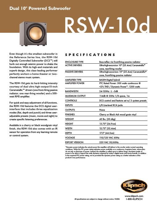 klipsch rsw 10 d brochure