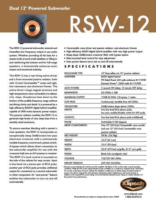 klipsch rsw 12 brochure