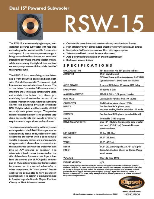 klipsch rsw 15 brochure