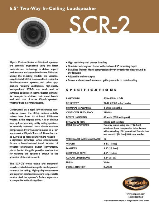 klipsch scr 2 brochure