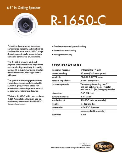 Klipsch R 1650C Brochure