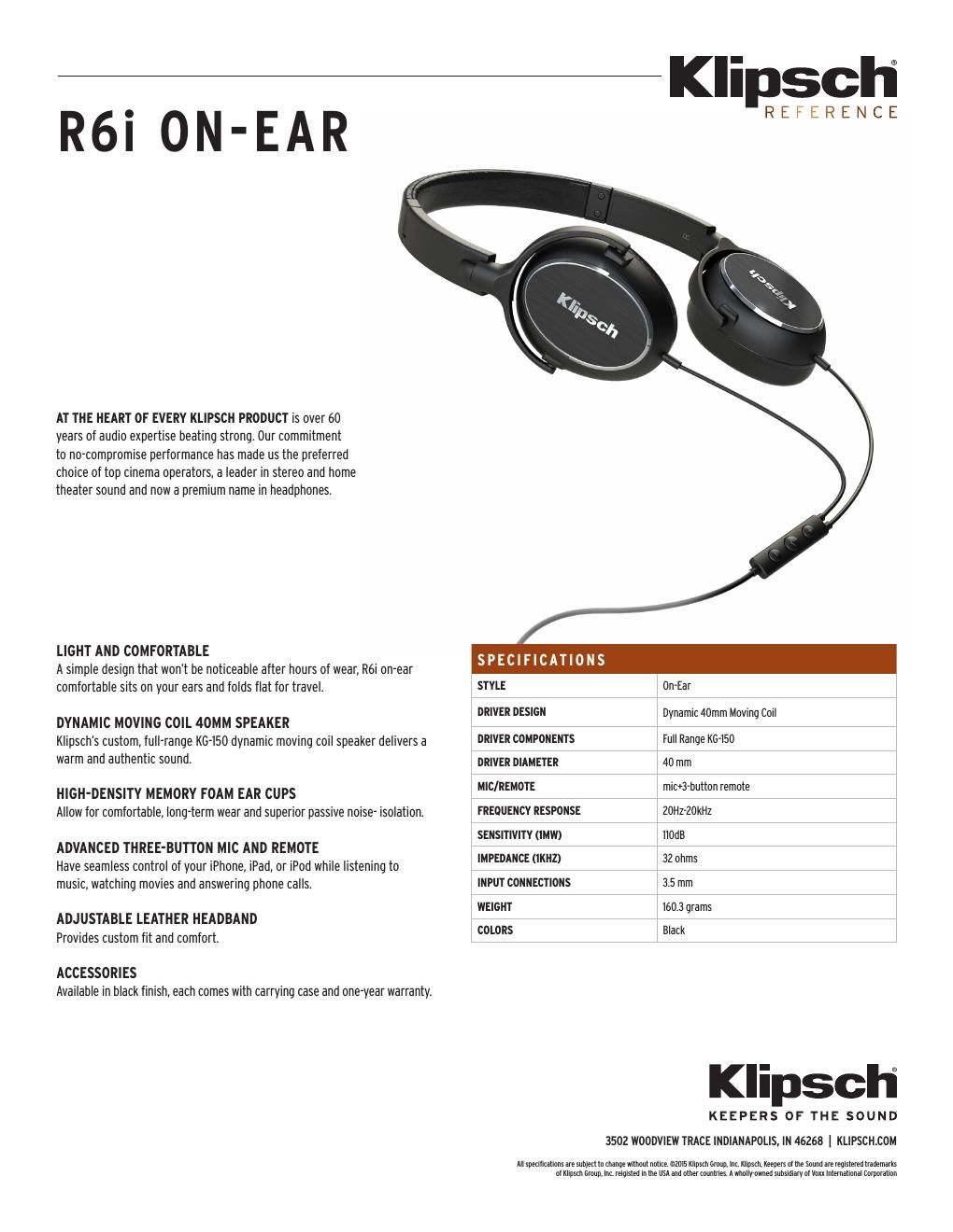 Klipsch R6i ON EAR Brochure