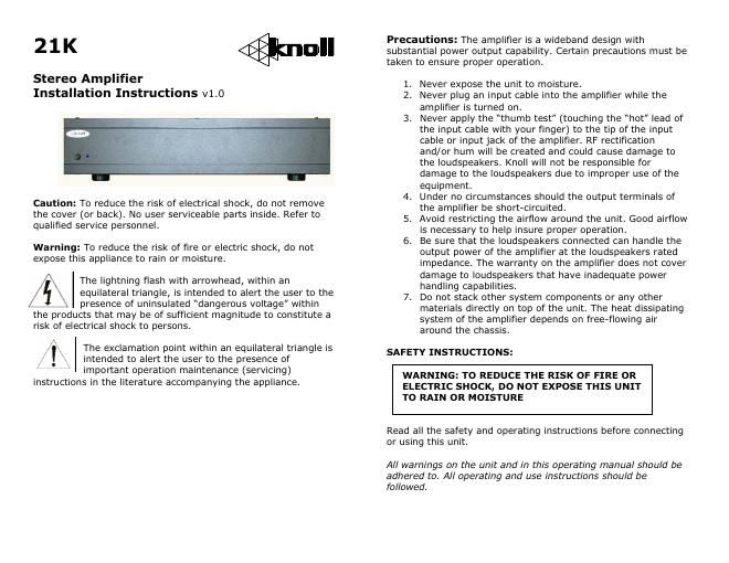 knoll systems 21 k owners manual