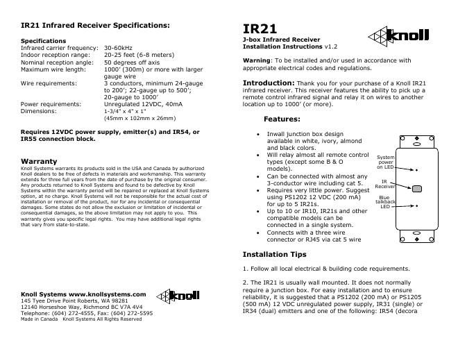 knoll systems ir 21 a owners manual