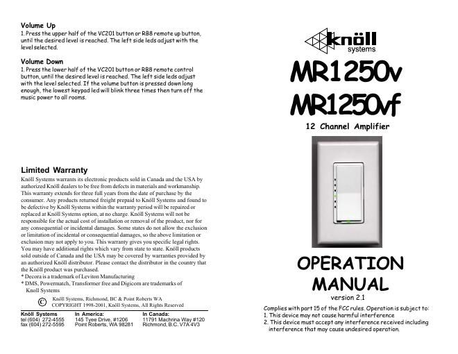 knoll systems mr 1250 vf owners manual