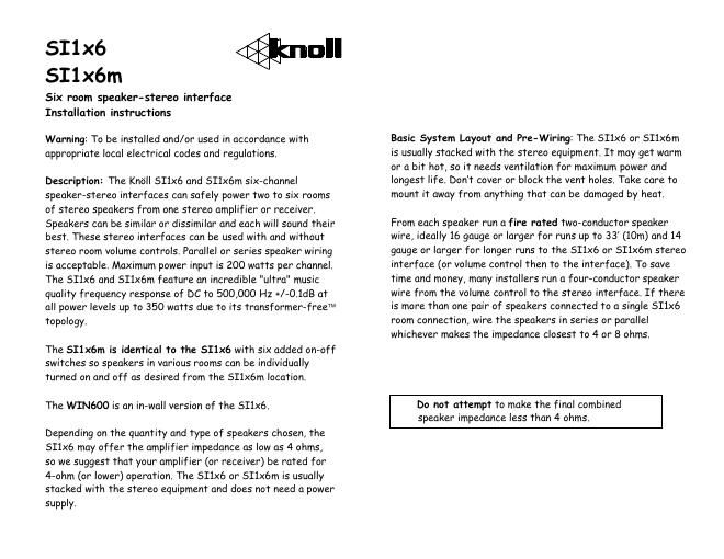 knoll systems si 1 x 6 m owners manual