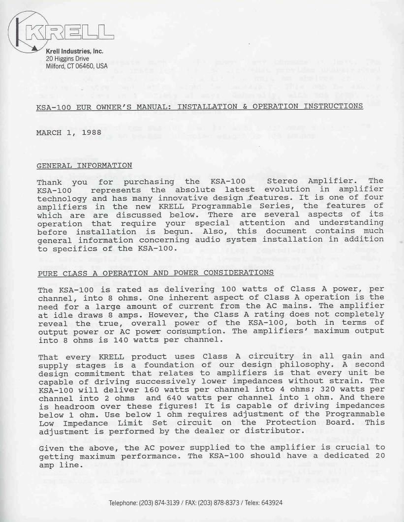 krell ksa 100 owners manual