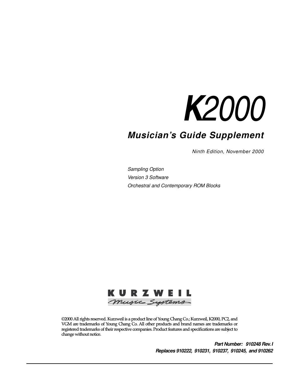 kurzweil k2000 musicians guide supplement