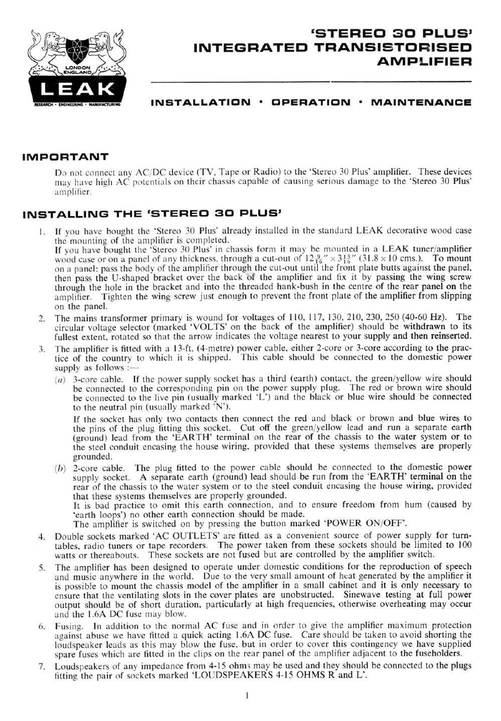 leak stereo 30 owners manual