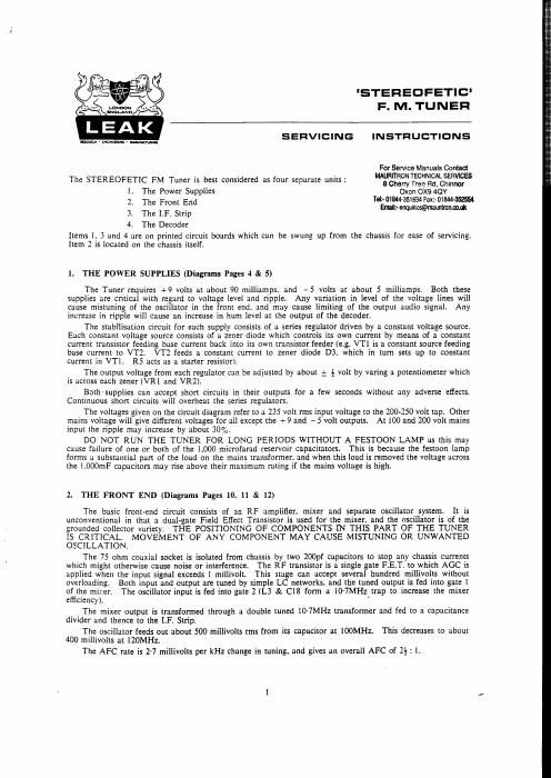 leak stereofetic fm tuner service manual