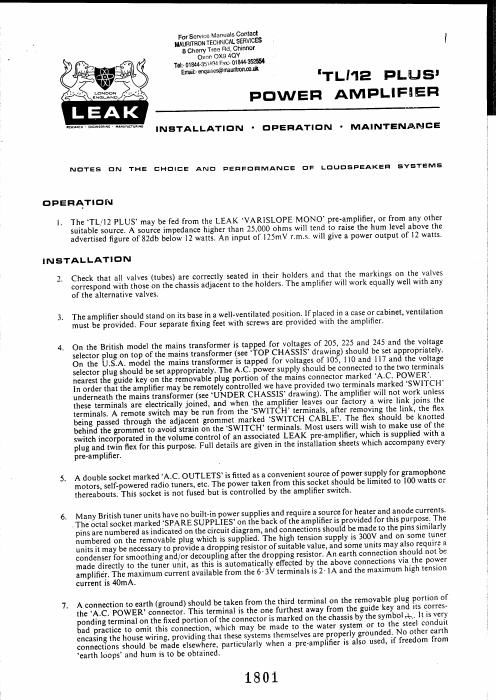 leak tl 12 plus owners manual