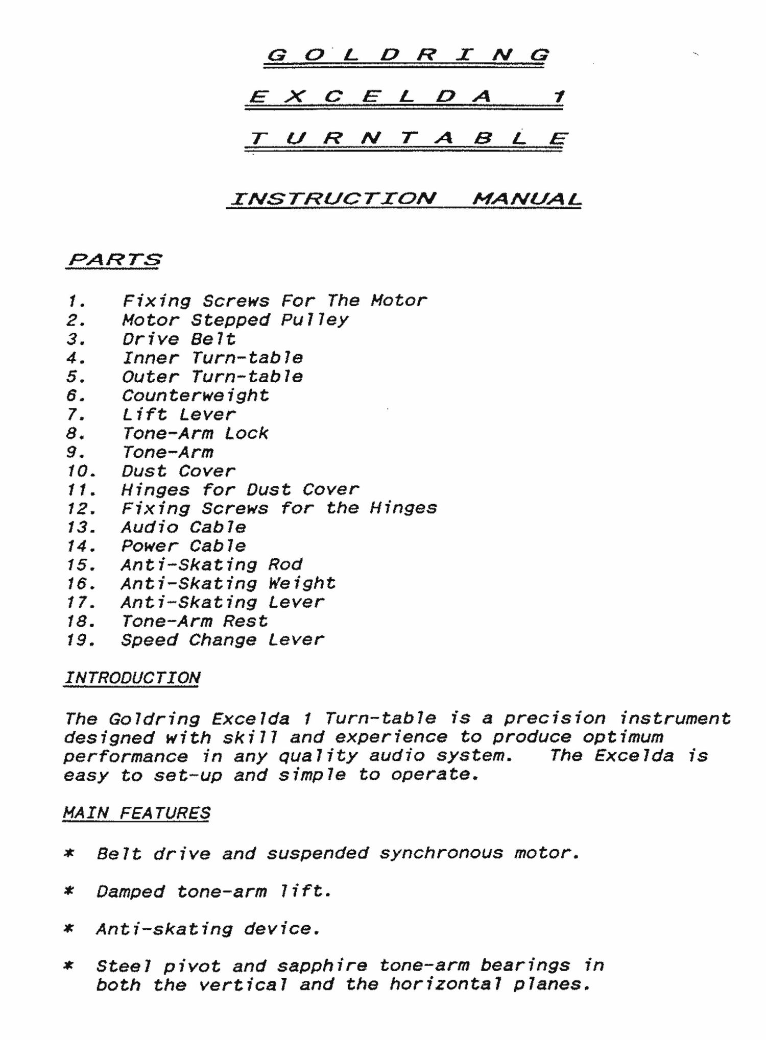 Goldring Excelda 1 Owners Manual